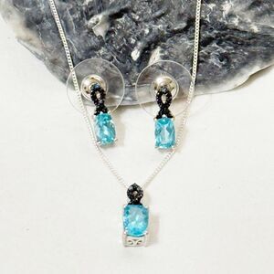 925 Sterling Silver Blue Topaz Necklace & Post Earring Set Dainty Rectangular